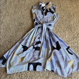 Lafayette 148 New York Abstract Print Tie-Waist Midi Dress in Blue and Black